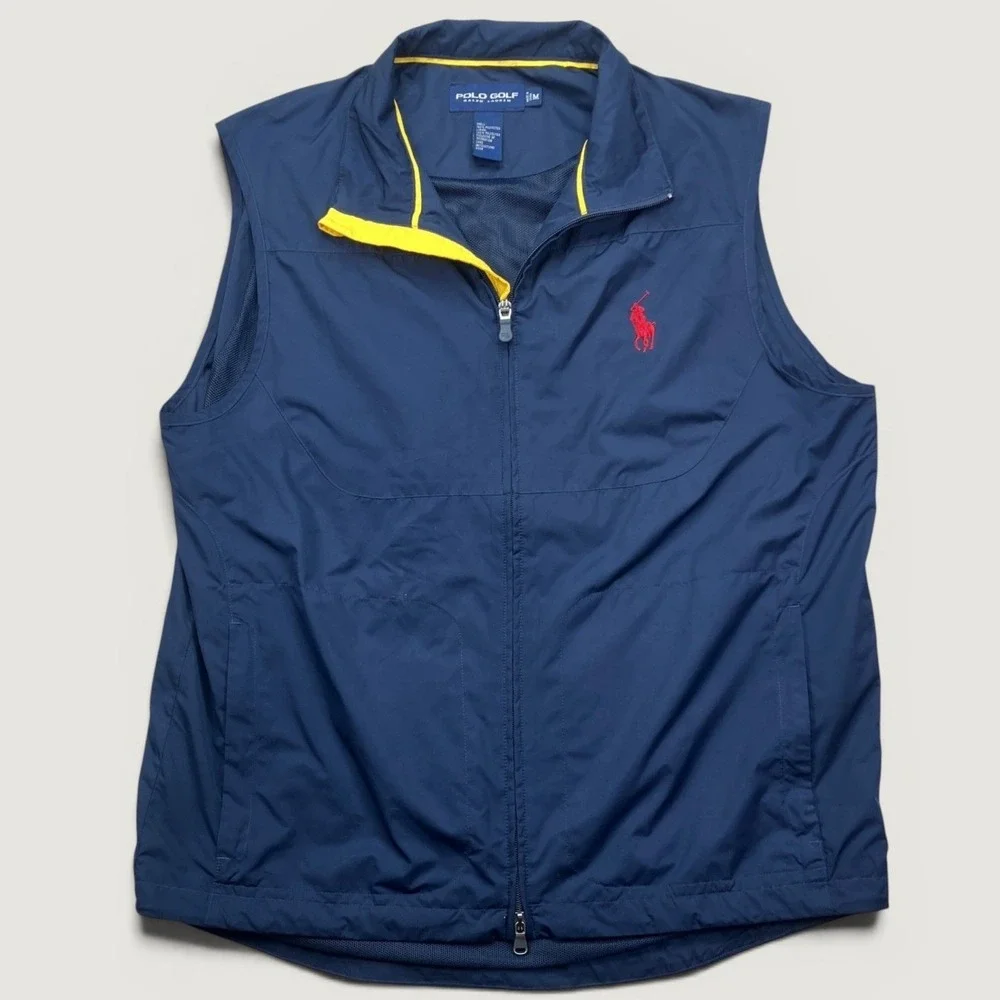 Polo Golf Ralph Lauren Mens M Vest Navy Blue Yellow Trim Big Pony Full Zip